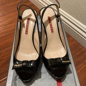 Prada Black Patent Leather Wedges